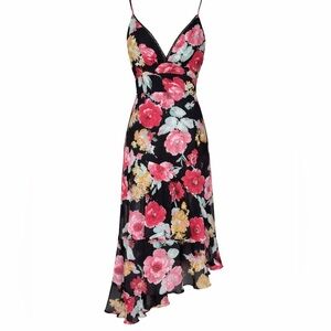 Express Dress Forum Floral Slip Midi Dress Black Pink V Neck SpaghettiStrap Sz 4